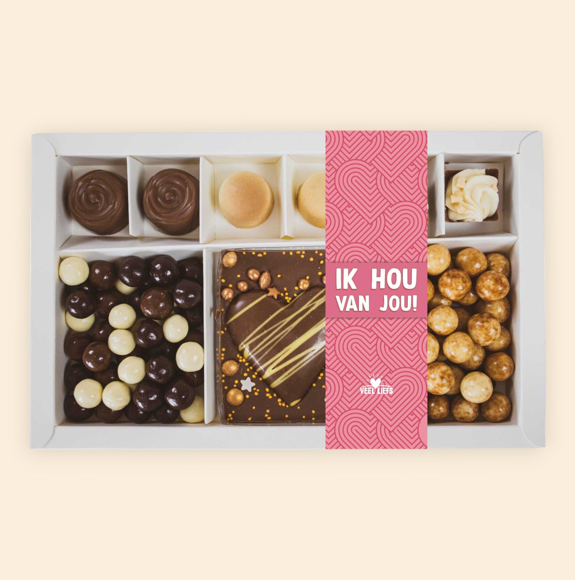 Cadeaupakket | Bonbons, choco bar hart & crunchy choco&