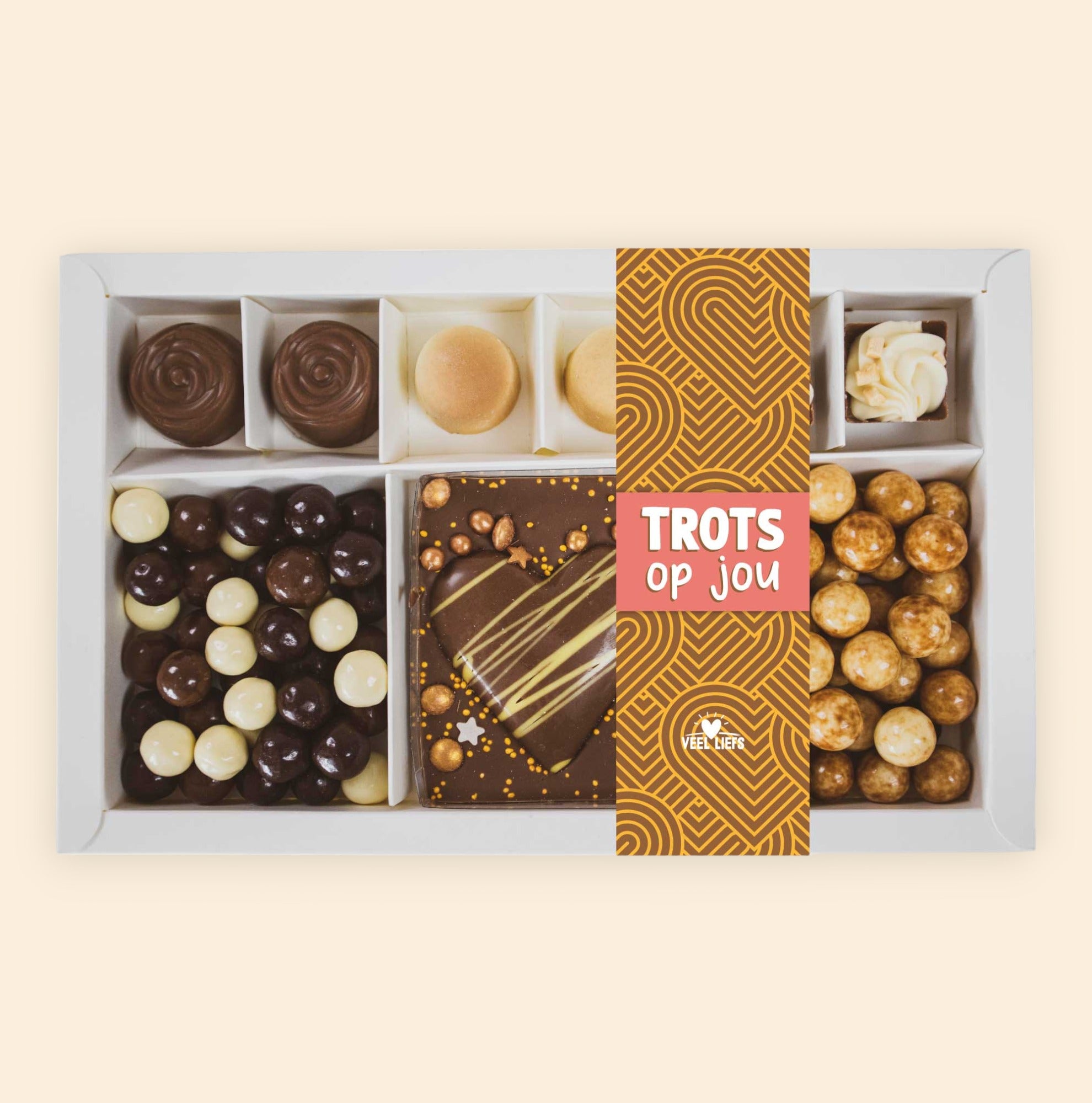 Cadeaupakket | Bonbons, choco bar hart & crunchy choco&