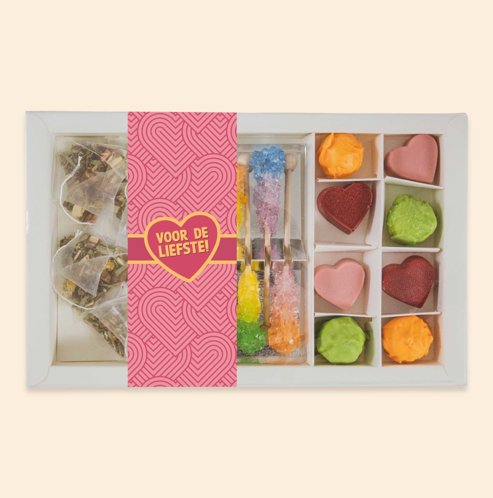 Cadeaupakket | Bonbons, thee en rainbow sticks